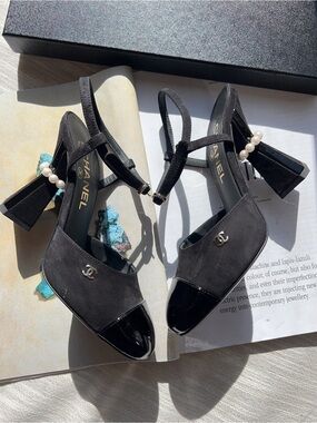Chanel Black Suede Slingback Heels with Pearl Embellished